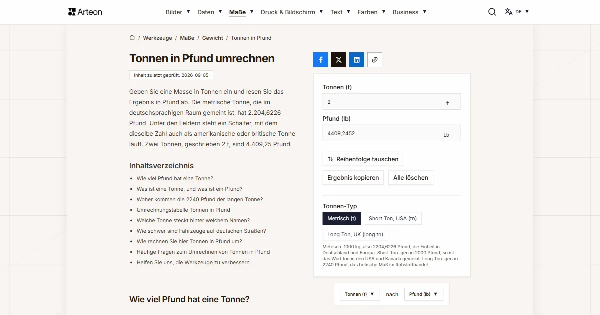 Screenshot des kostenlosen Arteon-Werkzeugs: Tonnen in Pfund umrechnen