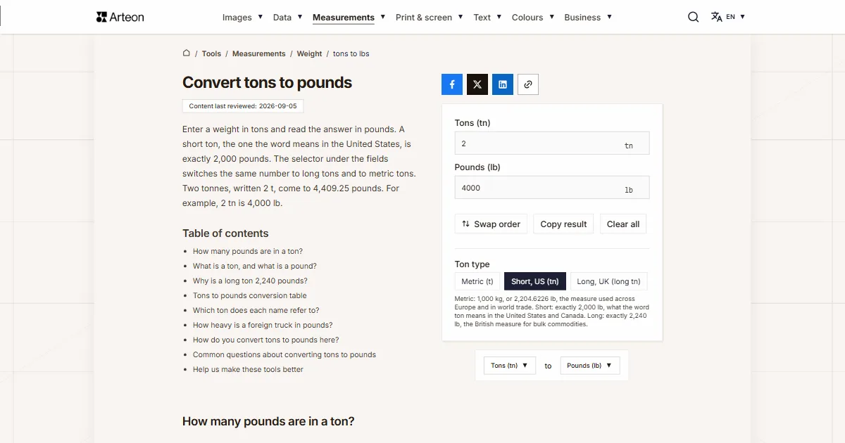 Arteon free tool screenshot: Convert tons to pounds