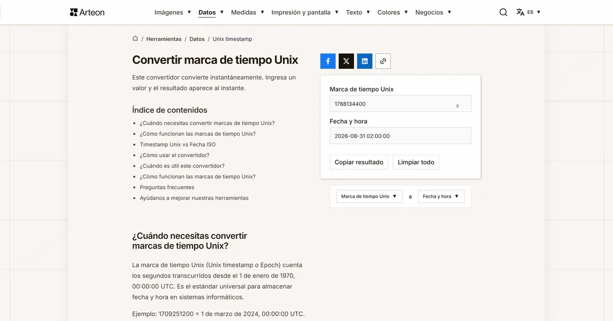 Captura de pantalla de la herramienta gratuita de Arteon: Unix a fecha