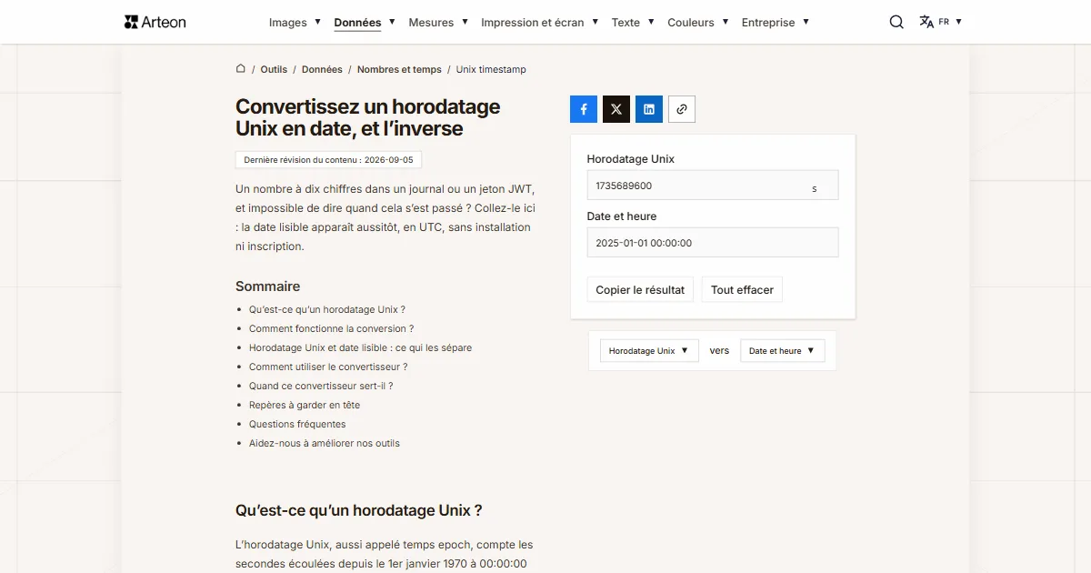 Capture d'écran de l'outil gratuit d'Arteon: Convertissez un horodatage Unix en date, et l’inverse