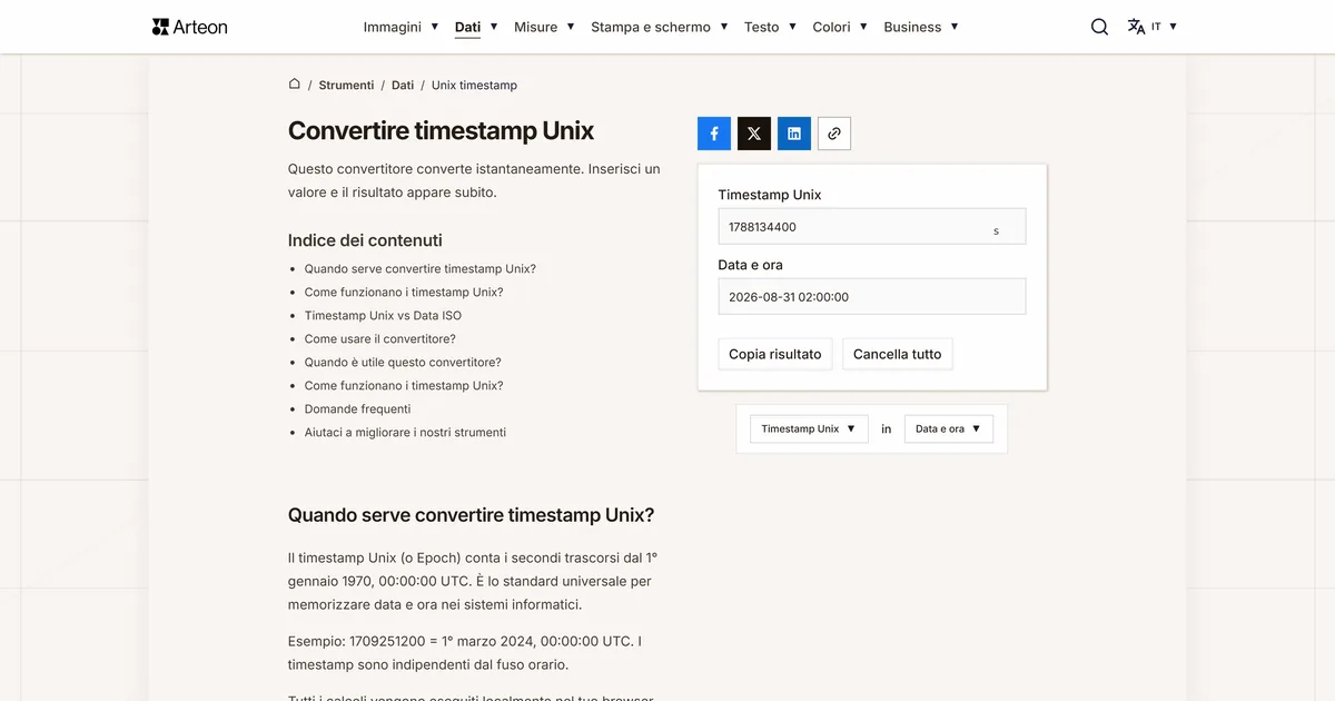 Screenshot dello strumento gratuito Arteon: Convertire timestamp Unix