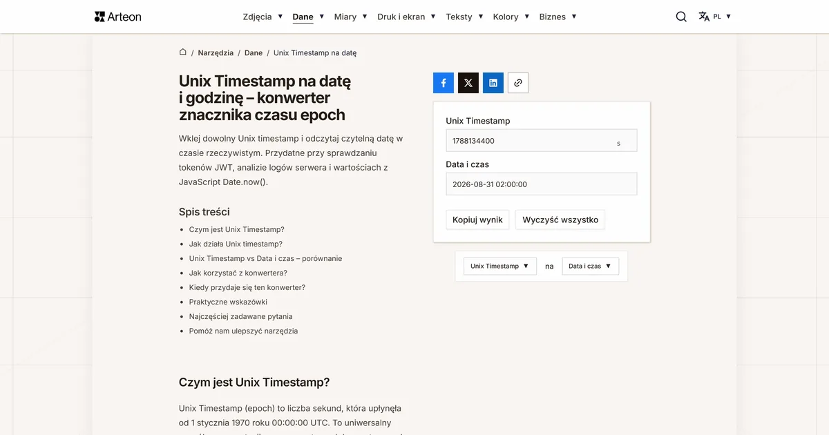 Zrzut ekranu darmowego narzędzia Arteon: Unix na datę