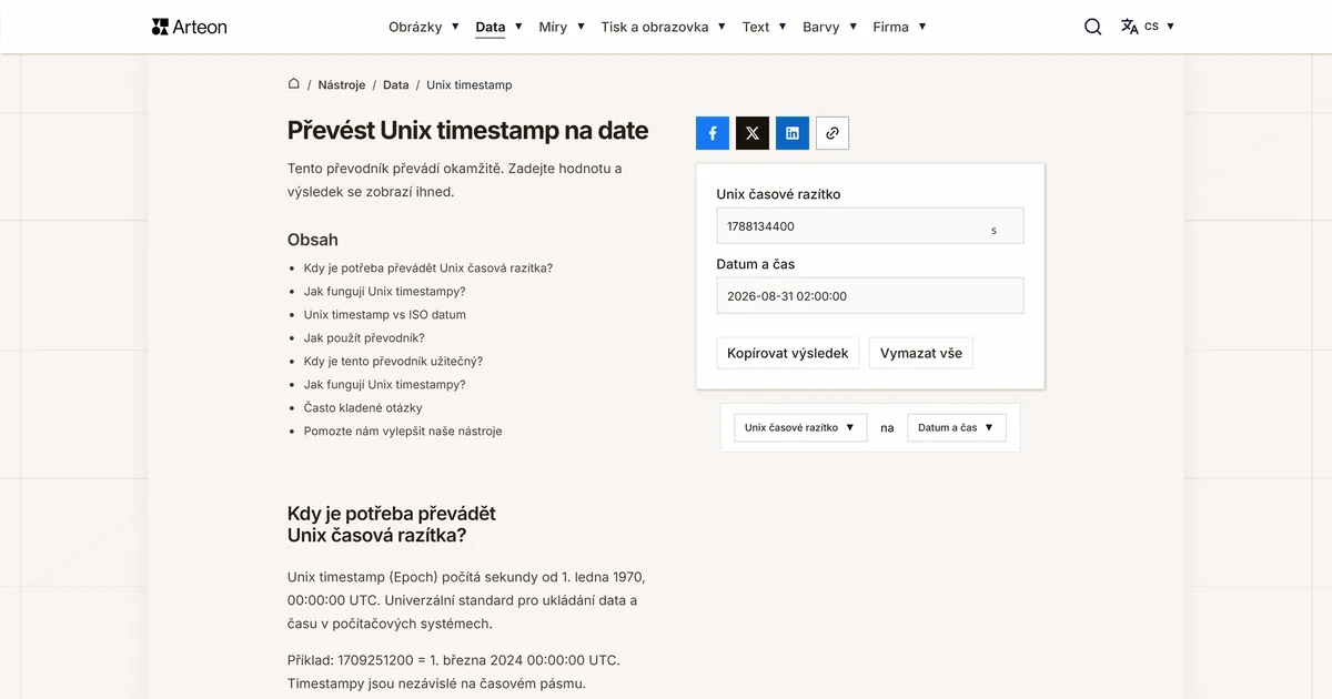 Snímek obrazovky bezplatného nástroje Arteon: Převést Unix timestamp na date