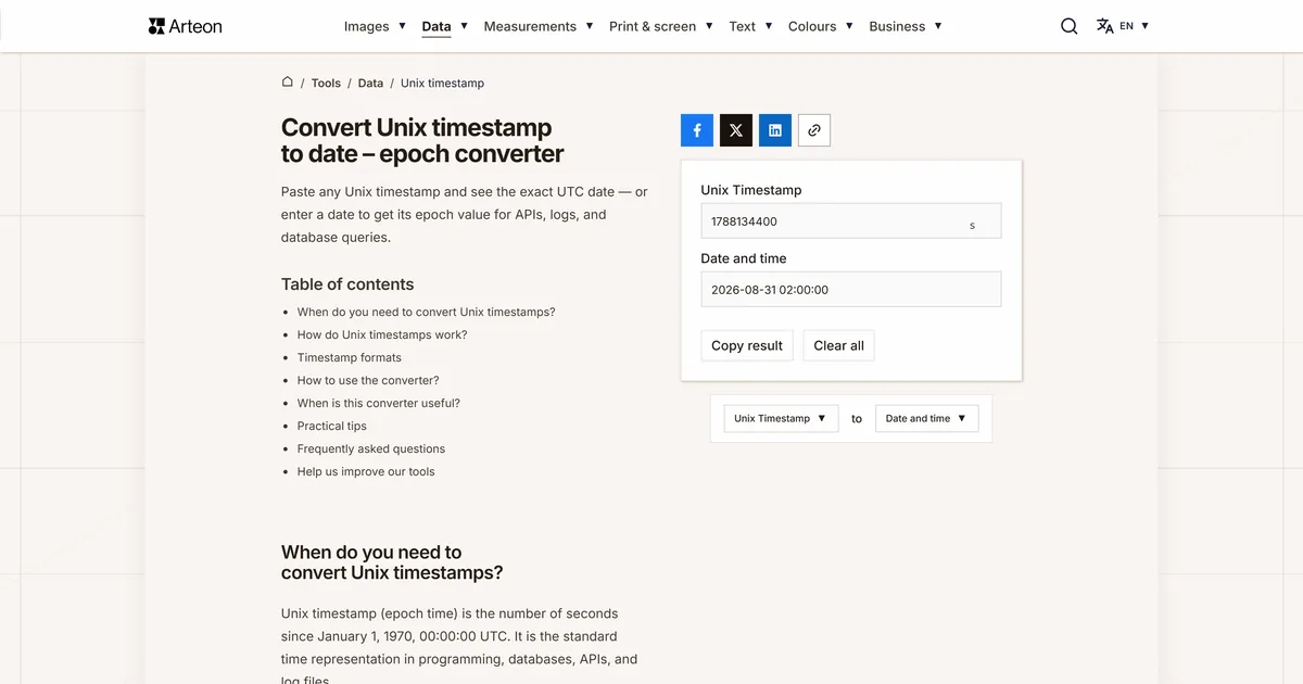 Arteon free tool screenshot: Convert Unix timestamp to date – epoch converter