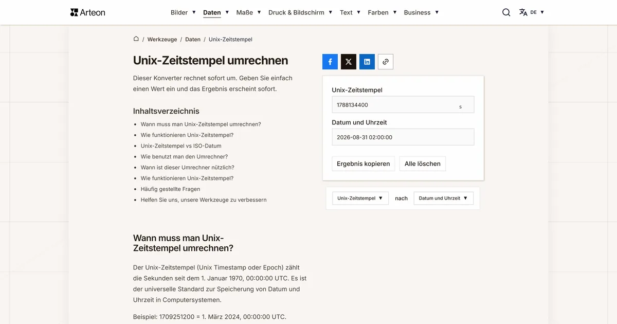 Screenshot des kostenlosen Arteon-Werkzeugs: Unix in Datum