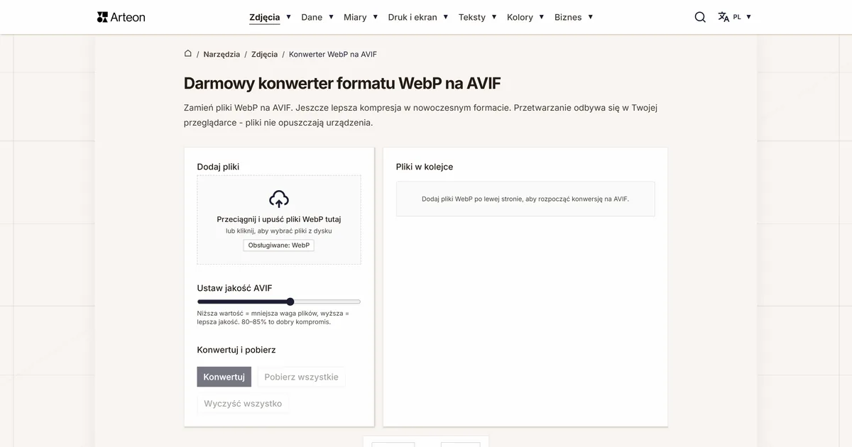 Zrzut ekranu darmowego narzędzia Arteon: Darmowy konwerter formatu WebP na AVIF