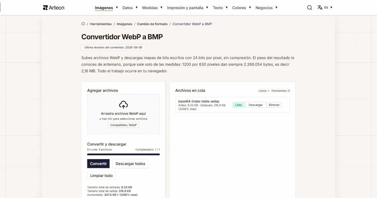 Captura de pantalla de la herramienta gratuita de Arteon: Convertidor WebP a BMP