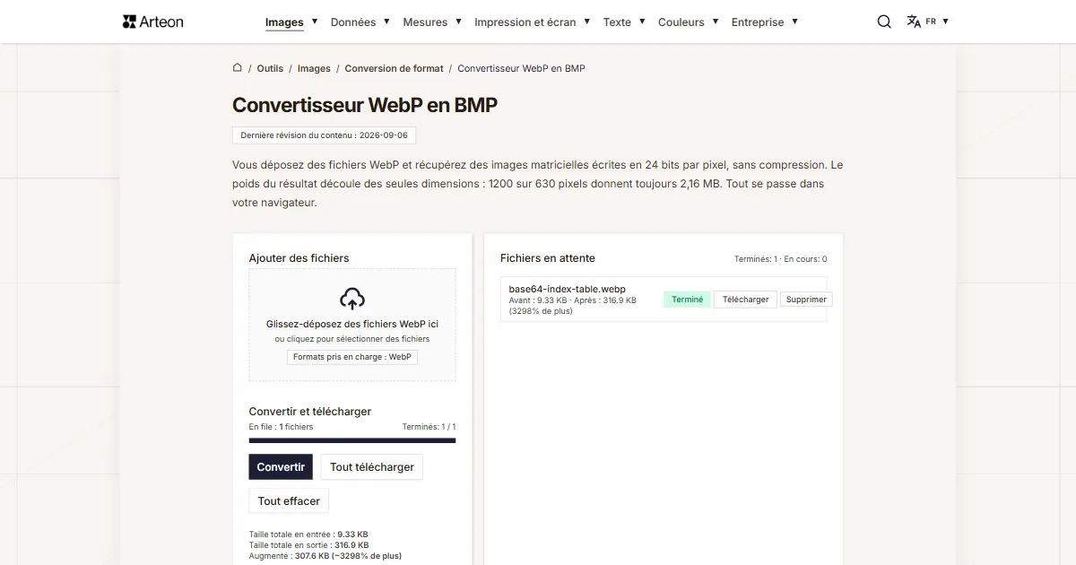 Capture d'écran de l'outil gratuit d'Arteon: Convertisseur WebP en BMP