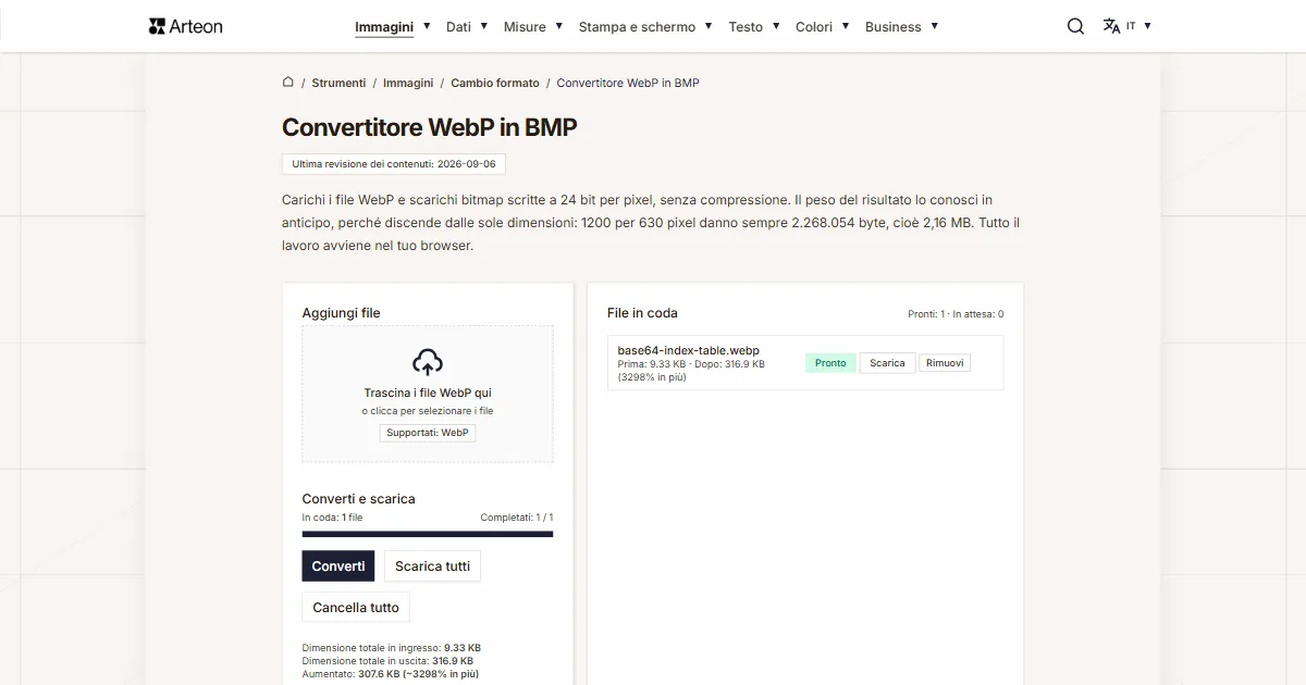 Screenshot dello strumento gratuito Arteon: Convertitore WebP in BMP