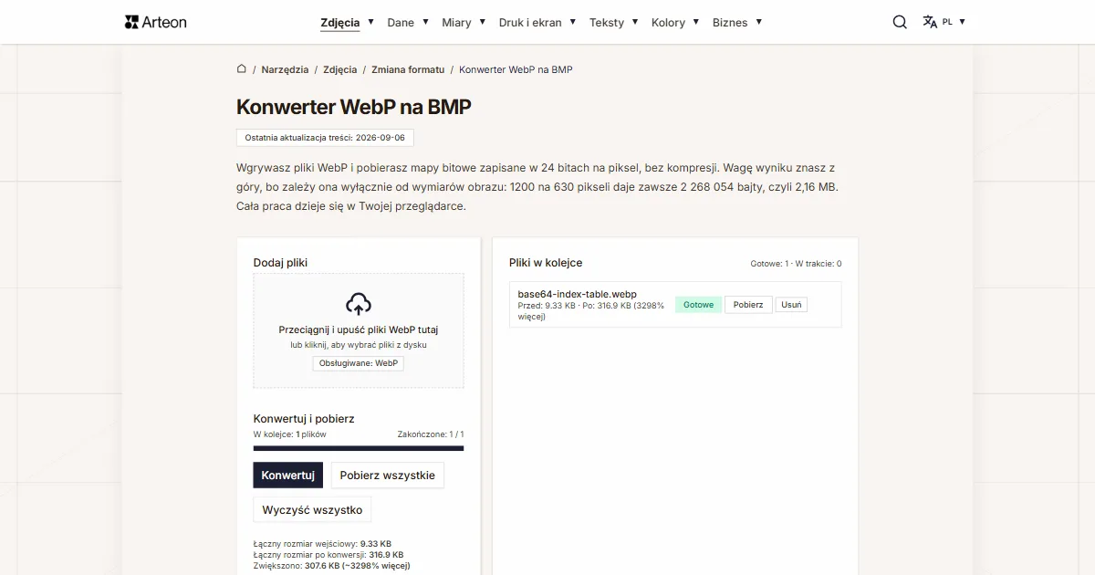 Zrzut ekranu darmowego narzędzia Arteon: Konwerter WebP na BMP