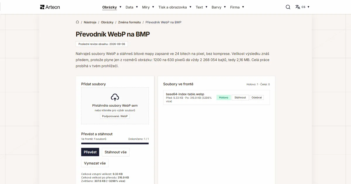 Snímek obrazovky bezplatného nástroje Arteon: Převodník WebP na BMP