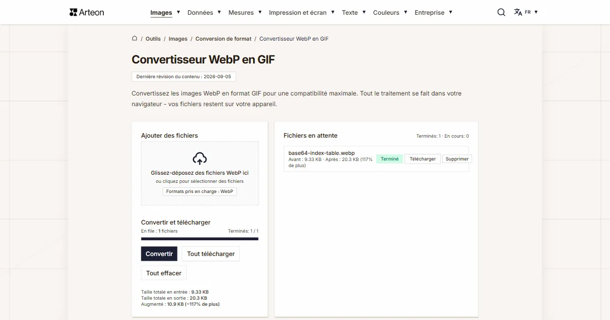 Capture d'écran de l'outil gratuit d'Arteon: Convertisseur WebP en GIF