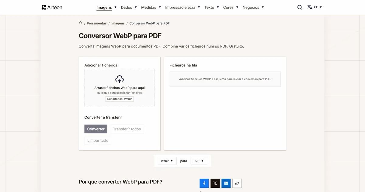 Captura de ecrã da ferramenta gratuita da Arteon: Conversor WebP para PDF
