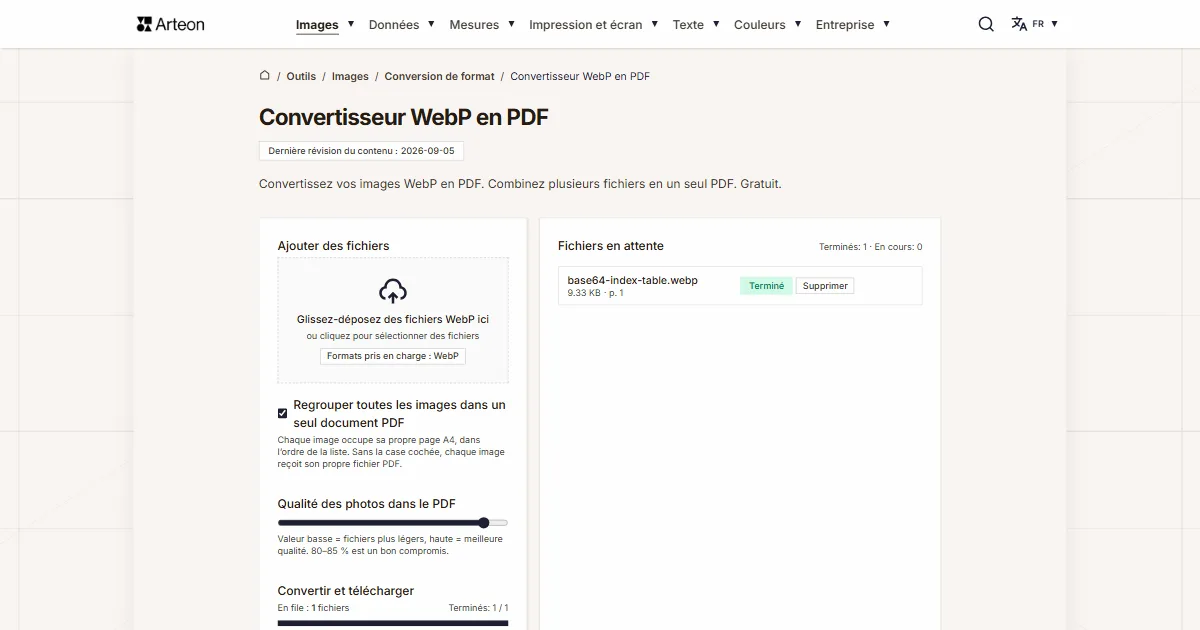 Capture d'écran de l'outil gratuit d'Arteon: Convertisseur WebP en PDF