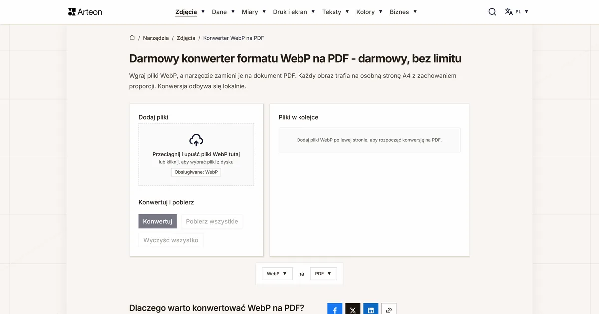 Zrzut ekranu darmowego narzędzia Arteon: Darmowy konwerter formatu WebP na PDF - darmowy, bez limitu