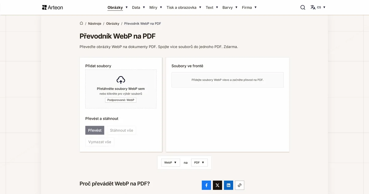 Snímek obrazovky bezplatného nástroje Arteon: Převodník WebP na PDF