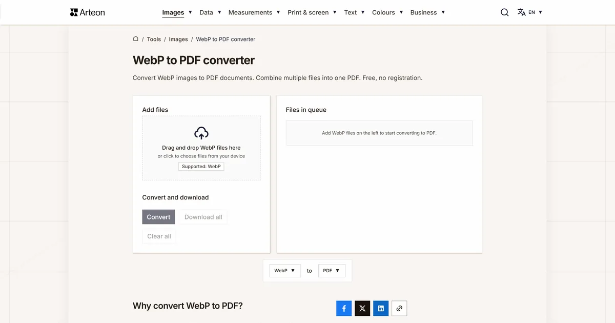 Arteon free tool screenshot: WebP to PDF converter