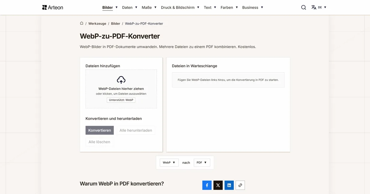 Screenshot des kostenlosen Arteon-Werkzeugs: WebP-zu-PDF-Konverter