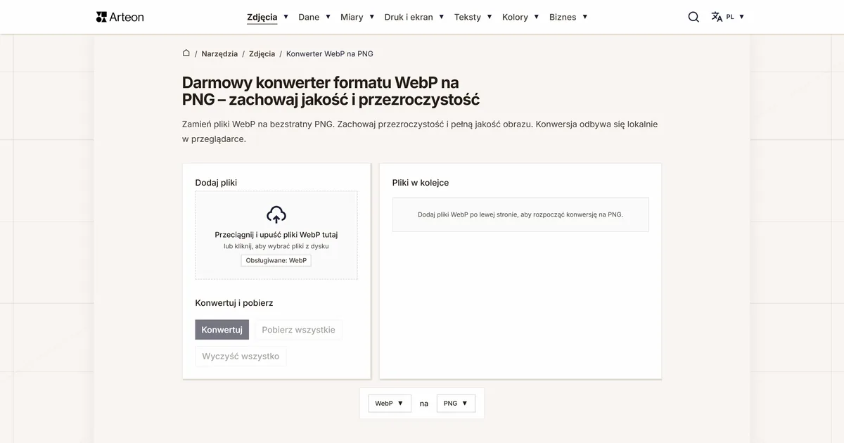 Zrzut ekranu darmowego narzędzia Arteon: Darmowy konwerter formatu WebP na PNG – zachowaj jakość i przezroczystość