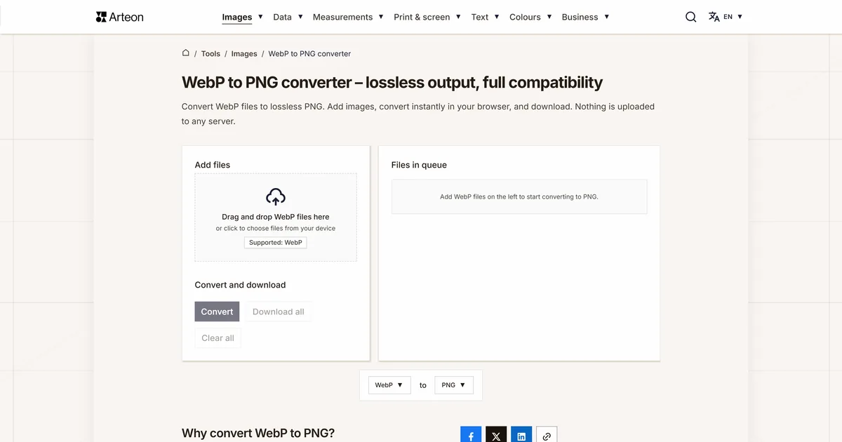 Arteon free tool screenshot: WebP to PNG converter – lossless output, full compatibility