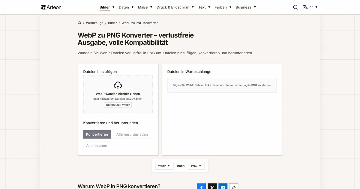 Screenshot des kostenlosen Arteon-Werkzeugs: WebP zu PNG Konverter – verlustfreie Ausgabe, volle Kompatibilität