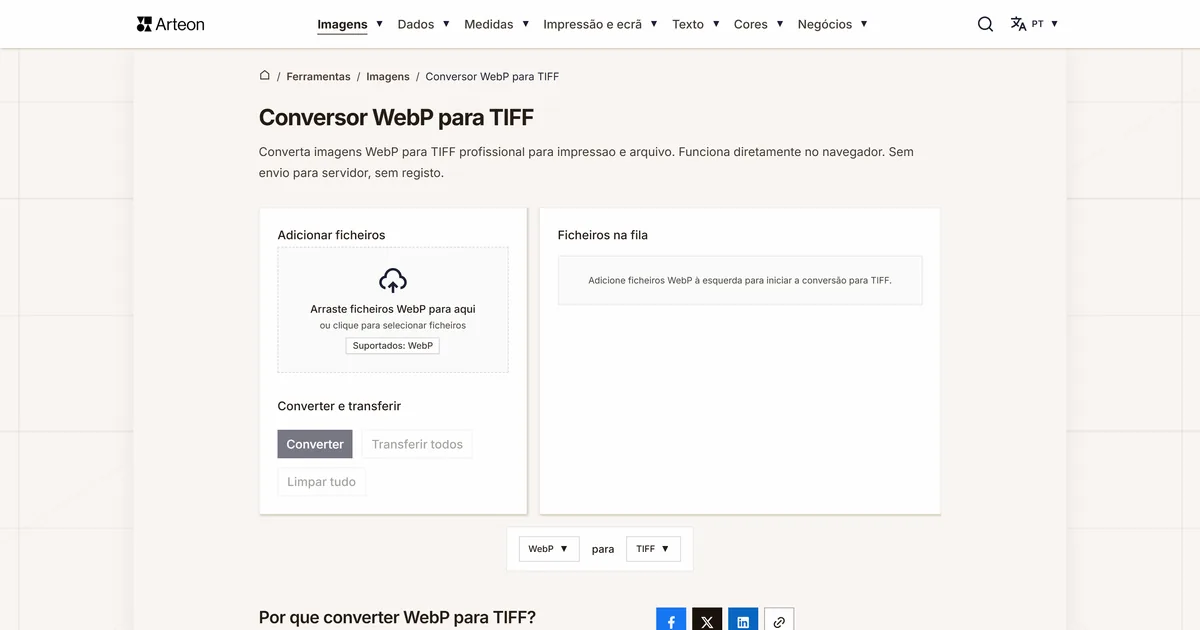 Captura de ecrã da ferramenta gratuita da Arteon: Conversor WebP para TIFF
