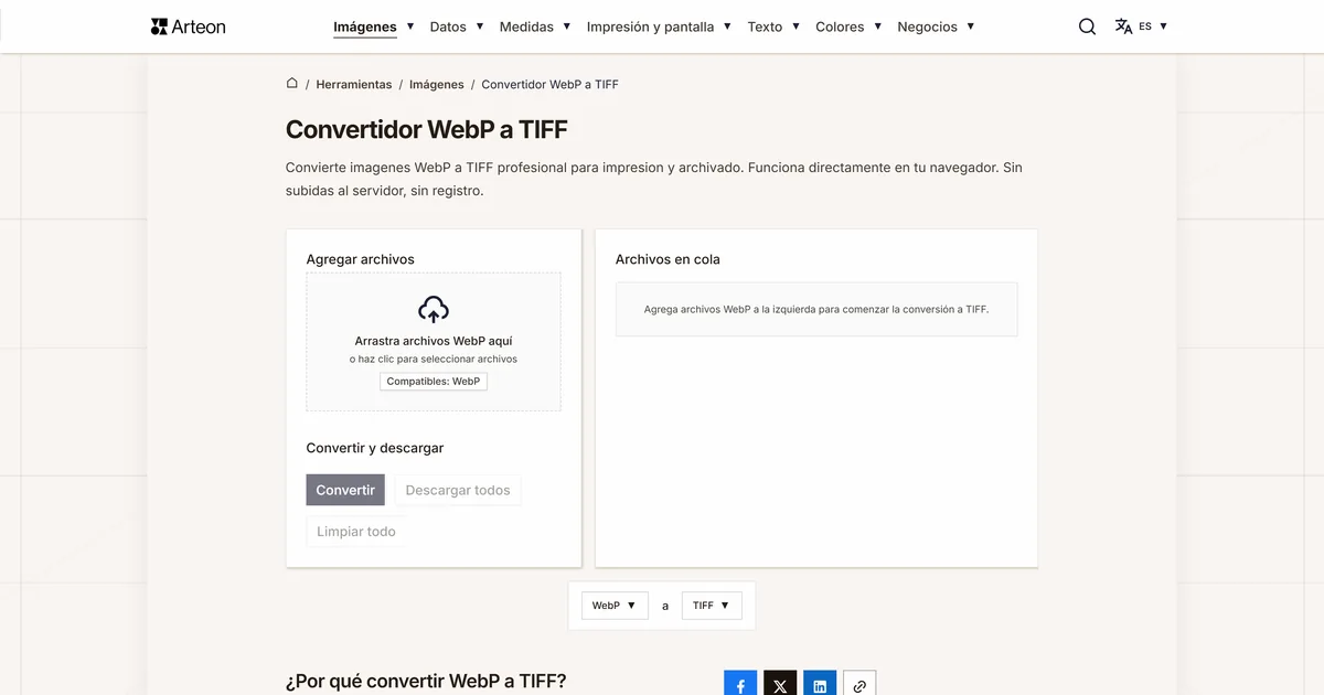Captura de pantalla de la herramienta gratuita de Arteon: Convertidor WebP a TIFF