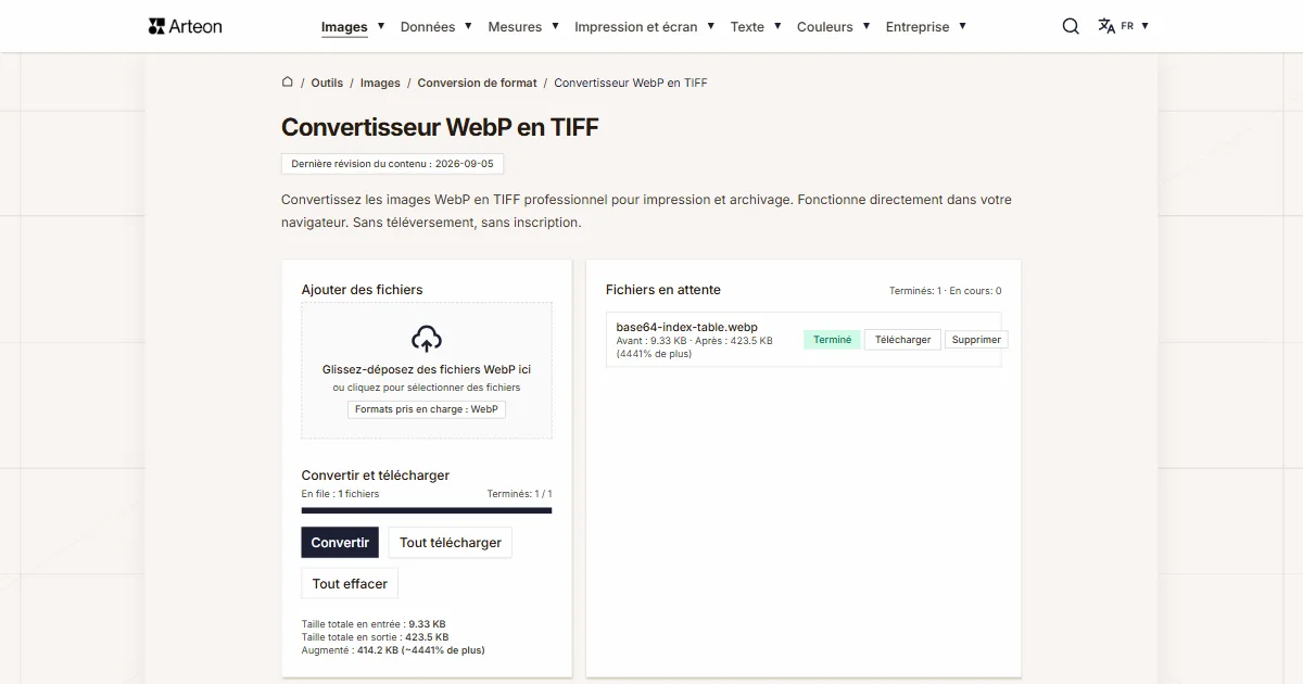 Capture d'écran de l'outil gratuit d'Arteon: Convertisseur WebP en TIFF