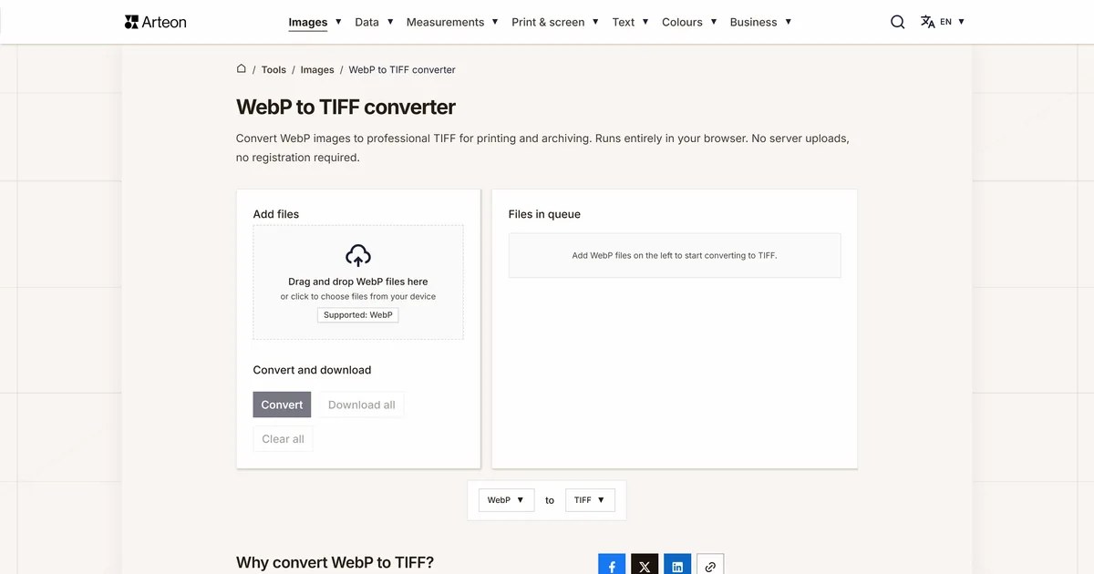 Arteon free tool screenshot: WebP to TIFF converter