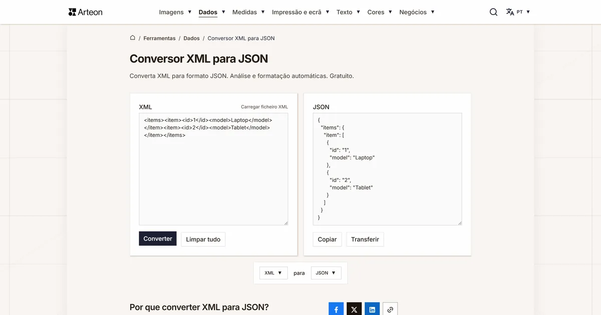 Captura de ecrã da ferramenta gratuita da Arteon: Conversor XML para JSON