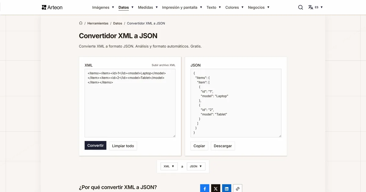 Captura de pantalla de la herramienta gratuita de Arteon: Convertidor XML a JSON
