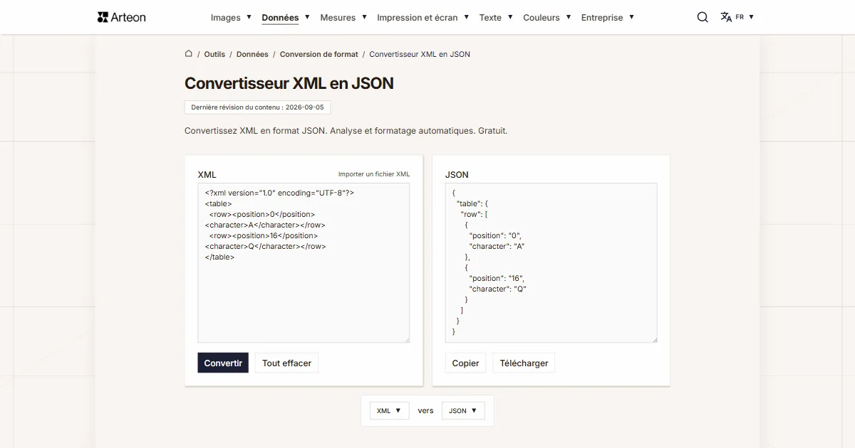 Capture d'écran de l'outil gratuit d'Arteon: Convertisseur XML en JSON