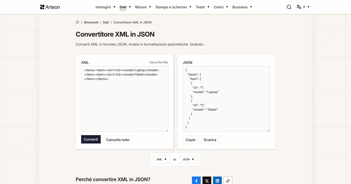 Screenshot dello strumento gratuito Arteon: Convertitore XML in JSON