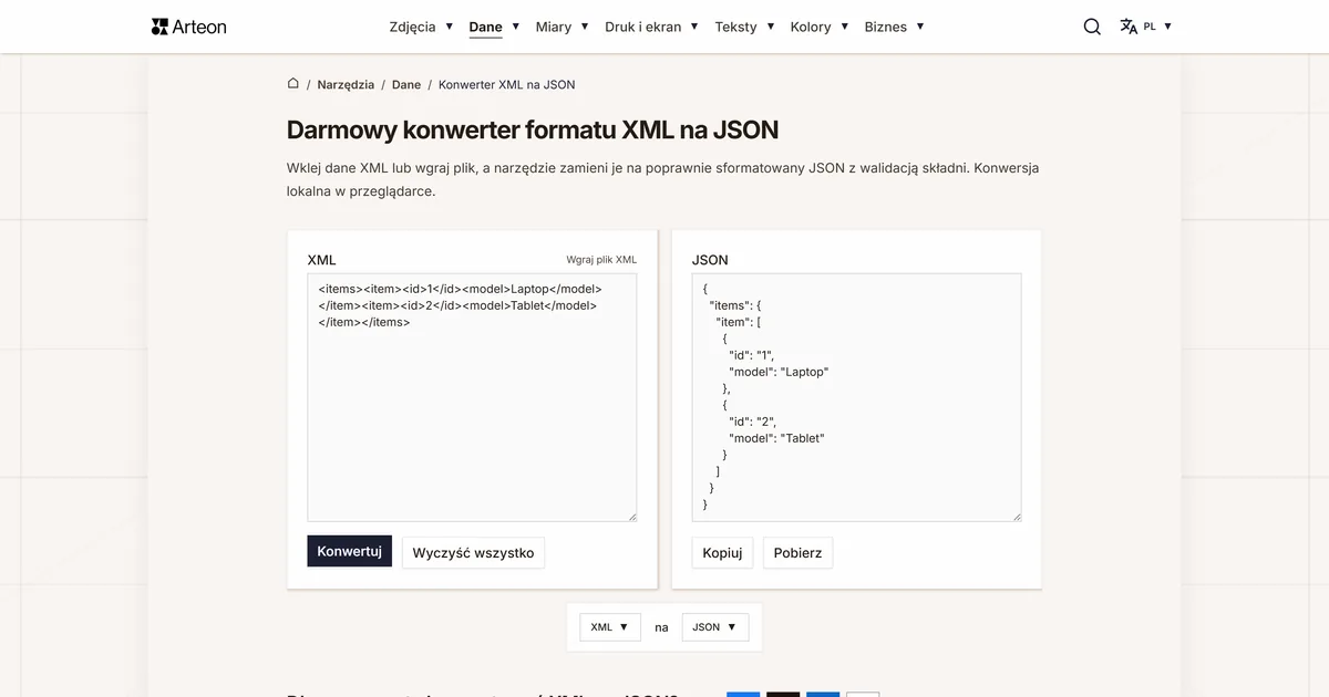 Zrzut ekranu darmowego narzędzia Arteon: Darmowy konwerter formatu XML na JSON
