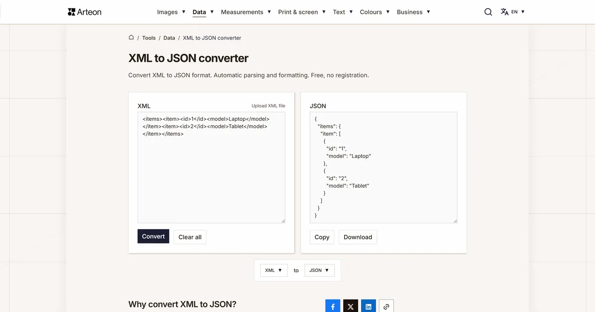 Arteon free tool screenshot: XML to JSON converter