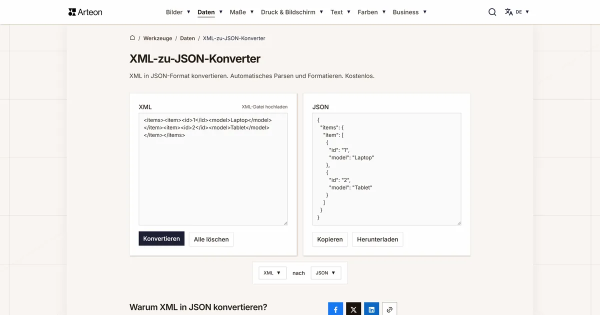 Screenshot des kostenlosen Arteon-Werkzeugs: XML-zu-JSON-Konverter