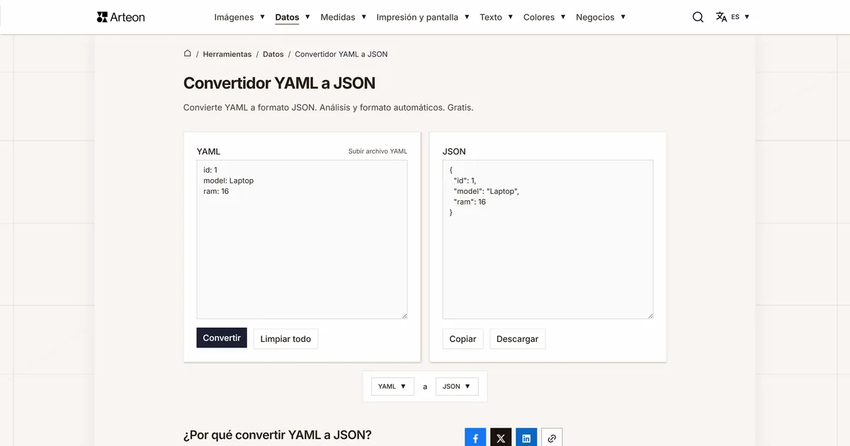 Captura de pantalla de la herramienta gratuita de Arteon: Convertidor YAML a JSON