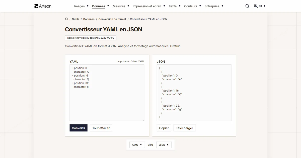 Capture d'écran de l'outil gratuit d'Arteon: Convertisseur YAML en JSON