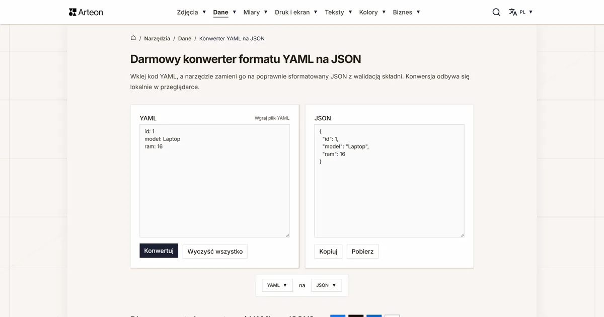 Zrzut ekranu darmowego narzędzia Arteon: Darmowy konwerter formatu YAML na JSON