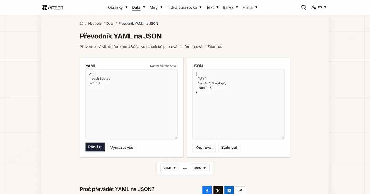 Snímek obrazovky bezplatného nástroje Arteon: Převodník YAML na JSON