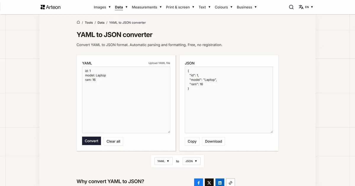 Arteon free tool screenshot: YAML to JSON converter