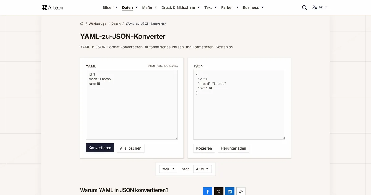 Screenshot des kostenlosen Arteon-Werkzeugs: YAML-zu-JSON-Konverter