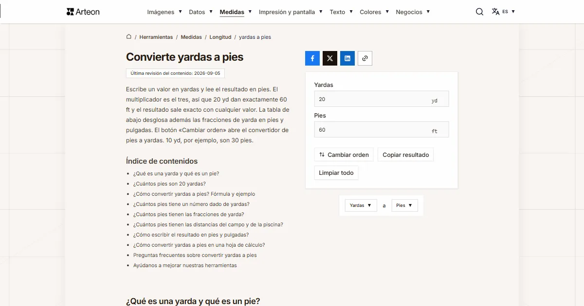 Captura de pantalla de la herramienta gratuita de Arteon: Convierte yardas a pies