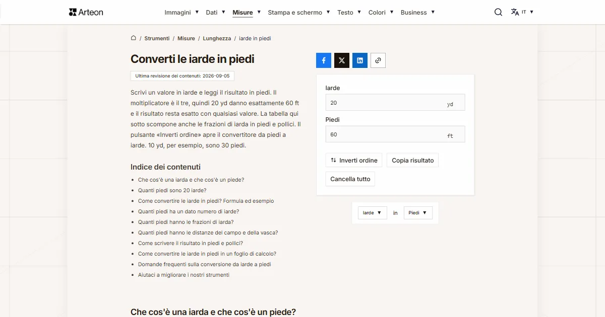 Screenshot dello strumento gratuito Arteon: Converti le iarde in piedi