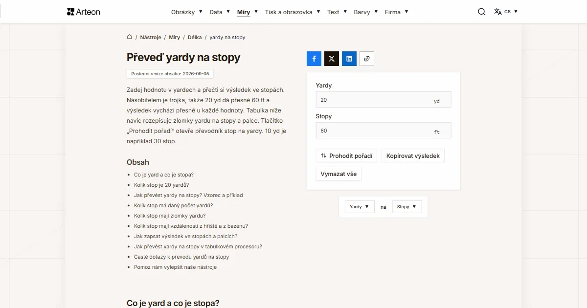 Snímek obrazovky bezplatného nástroje Arteon: Převeď yardy na stopy