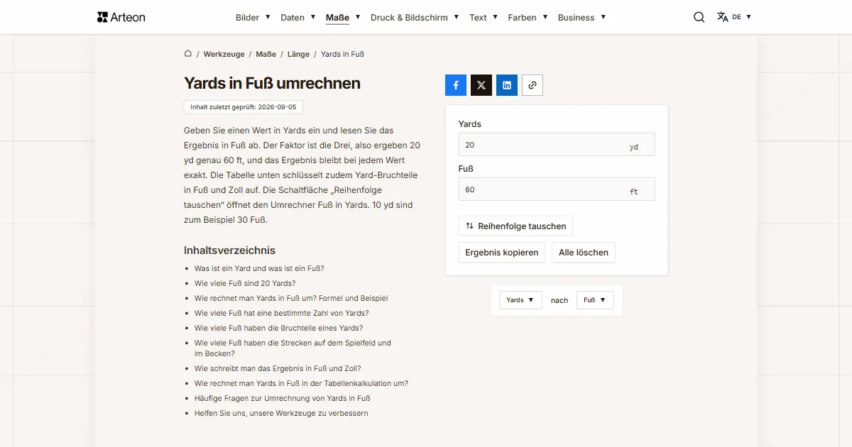 Screenshot des kostenlosen Arteon-Werkzeugs: Yards in Fuß umrechnen