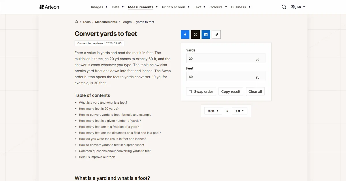 Arteon free tool screenshot: Convert yards to feet