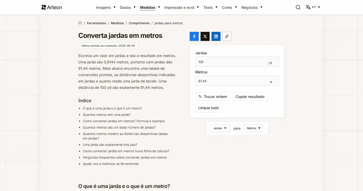 Captura de ecrã da ferramenta gratuita da Arteon: Converta jardas em metros