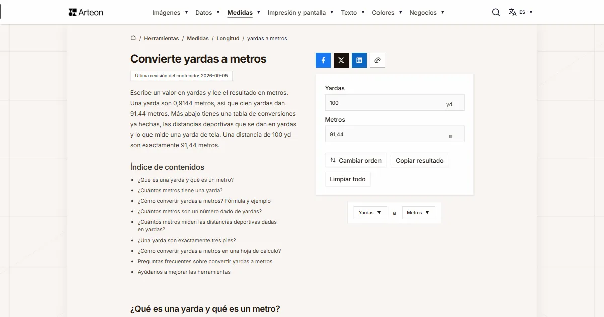 Captura de pantalla de la herramienta gratuita de Arteon: Convierte yardas a metros