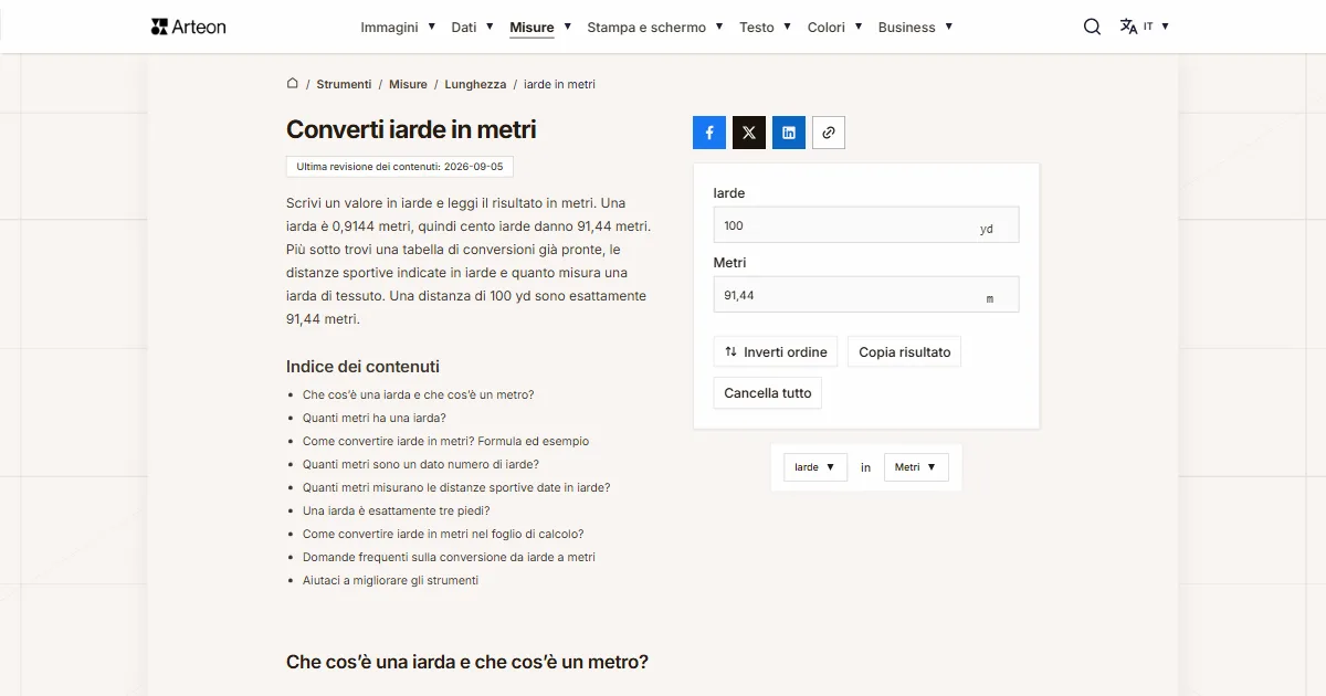 Screenshot dello strumento gratuito Arteon: Converti iarde in metri